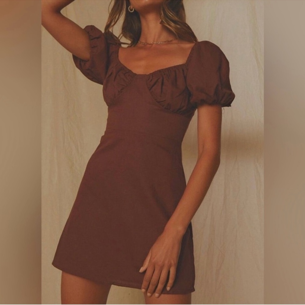 Peppermayo Rich Brown Mini Dress with puff sleeve